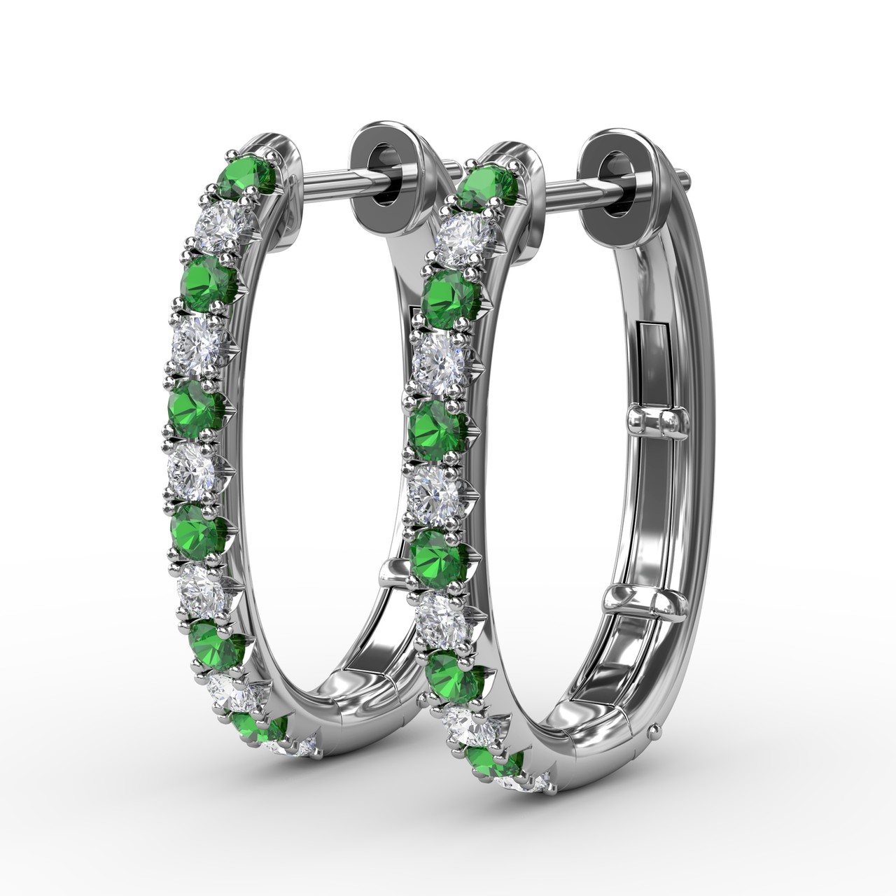 Alternaing Emerald and Diamond Hoop Earrings - Image 2