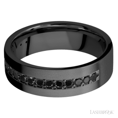 7 mm wide/Flat/Zirconium band with a Half Eternity arrangement of .03 carat Round Black Diamond stones in a Bead setting. - Image 3