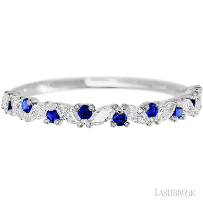 10K White Gold band with alternating 9 Round Sapphire and 8 Marquise Lab Grown Diamond having TCW-.38