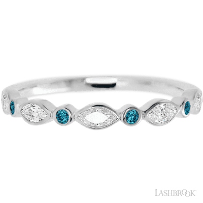 10K White Gold band with alternating 4 Round Ocean Blue Diamond and 5 Marquise Lab Grown Diamond having TCW-.56