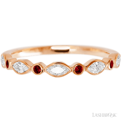 14K Rose Gold band with alternating 4 Round Dark Ruby and 5 Marquise Lab Grown Diamond having TCW-.56