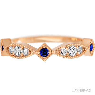 14K Rose Gold band with alternating 3 Round Sapphire, 2 Round Lab Grown Diamond and 4 Round Lab Grown Diamond having TCW-.27