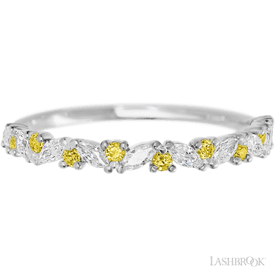 14K White Gold band with alternating 9 Round Yellow Sapphire and 8 Marquise Lab Grown Diamond having TCW-.38
