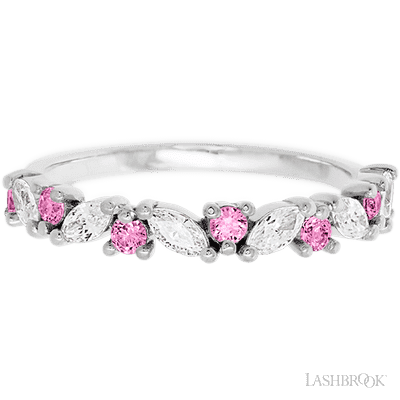 14K White Gold band with alternating 7 Round Pink Sapphire and 6 Marquise Lab Grown Diamond having TCW-.81