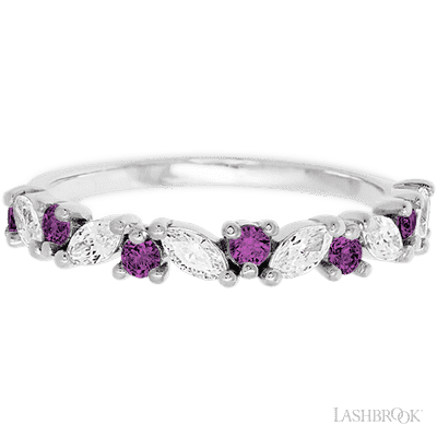 14K White Gold band with alternating 7 Round Purple Diamond and 6 Marquise Lab Grown Diamond having TCW-.81
