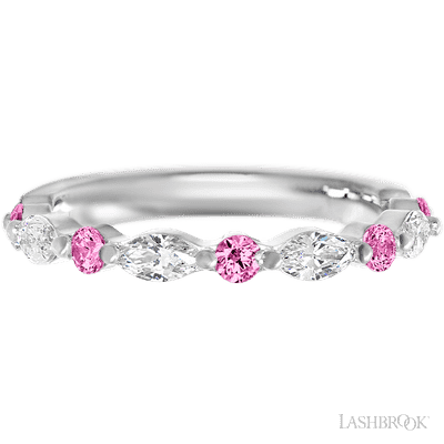 14K White Gold band with alternating 5 Round Pink Sapphire and 4 Marquise Lab Grown Diamond having TCW-.85