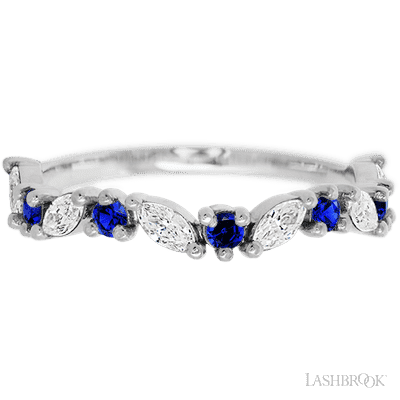 14K White Gold band with alternating 6 Round Sapphire and 5 Marquise Lab Grown Diamond having TCW-.68