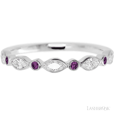 14K White Gold band with alternating 4 Round Purple Diamond and 5 Marquise Lab Grown Diamond having TCW-.56