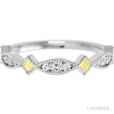 14K White Gold band with alternating 7 Round Lab Grown Diamond, 6 Round Lab Grown Diamond and 4 Princess Light Yellow Sapphire having TCW-.51