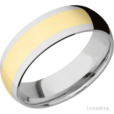 7 mm wide/Domed/14K White Gold band with one 4 mm Centered inlay of 14K Yellow Gold.