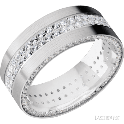 8 mm wide/Flat/14K White Gold band with a Side Eternity arrangement of .01 carat Round Diamond stones in a Bead Channel setting and featuring a a 2 Row Eternity arrangement of .015 carat Round Diamond stones in a Bead Channel setting