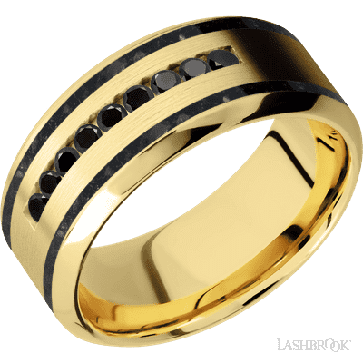 9 mm wide/High Bevel/14K Yellow Gold band with  two 1 mm Wide inlays of Black Onyx and featuring an  arrangement of 9, .03 carat Round Black Diamond stones in a Channel setting