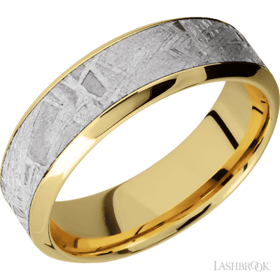 7 mm wide/High Bevel/18K Yellow Gold band with one 4 mm Centered inlay of Meteorite.