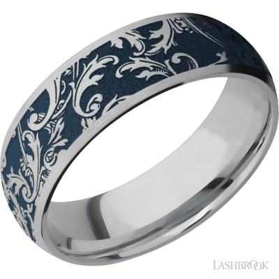 7 mm wide/Domed/Titanium band with a laser carved Black Leaf pattern.