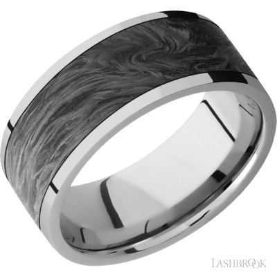9 mm wide/Flat/Titanium band with one 7 mm Centered inlay of Forged Carbon Fiber.