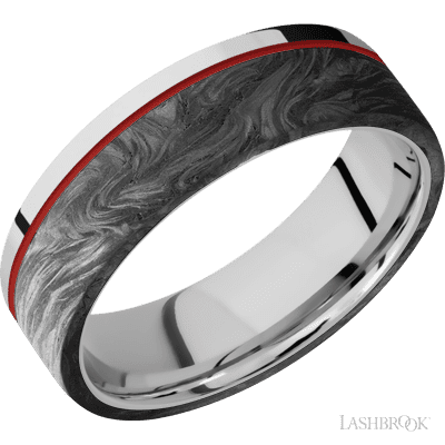 7 mm wide/Flat/Cobalt Chrome band with one 5 mm Off Center Edge inlay of Forged Carbon Fiber.