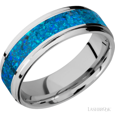 7 mm wide/Flat Grooved Edges/Cobalt Chrome band with one 4 mm Centered inlay of Blue Opal.