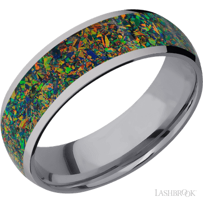 7 mm wide/Domed/Tantalum band with one 5 mm Centered inlay of Black Opal.