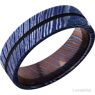 7 mm wide/Flat/Titanium Damascus band with one 1 mm Centered inlay of Black.
