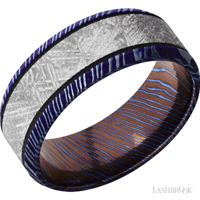 8 mm wide/Beveled/Titanium Damascus band with one 5 mm Centered inlay of Meteorite.
