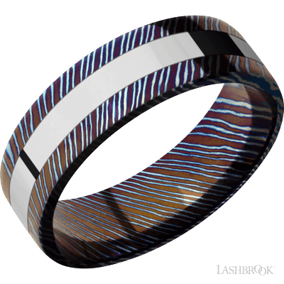 7 mm wide/Flat/Titanium Damascus band with one 3 mm Centered inlay of Cobalt Chrome.