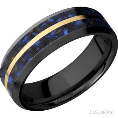 7 mm wide/Beveled/Zirconium band featuring inlays of Blue Tiger Eye and 14K Yellow Gold.