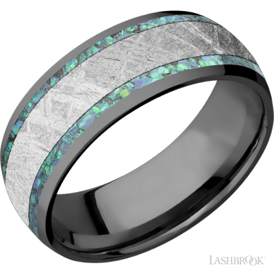 8 mm wide/Domed/Zirconium band featuring inlays of Teal Opal and Meteorite.