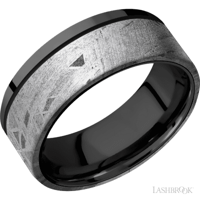 8 mm wide/Flat/Zirconium band with one 6 mm Off Center Edge inlay of Meteorite.