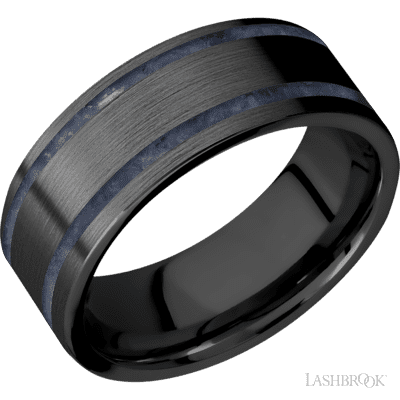8 mm wide/Flat/Zirconium band with two 1 mm Wide inlays of Sodalite.