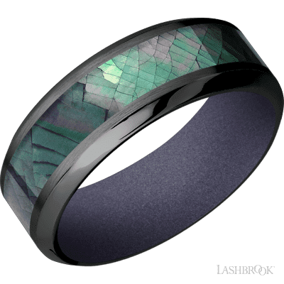 8 mm wide/High Bevel/Zirconium band with one 4 mm Centered inlay of Black Mother of Pearl also featuring a Crushed Orchid sleeve.