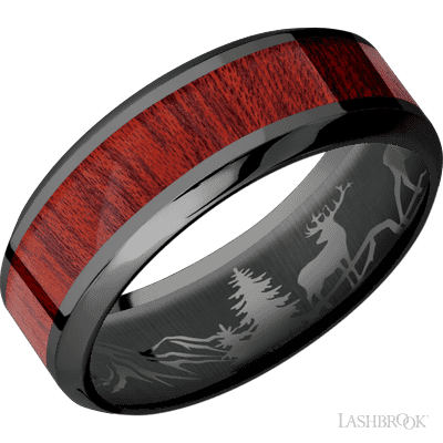 8 mm wide/High Bevel/Zirconium band with one 4 mm Centered inlay of Blood Wood.