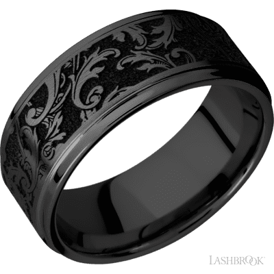 9 mm wide/Flat Grooved Edges/Zirconium band with a laser carved Black Leaf pattern.