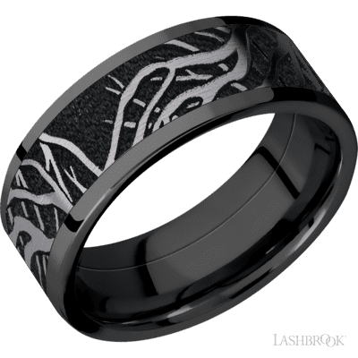8 mm wide/Flat/Zirconium band with one 6 mm Centered inlay of Tantalum with a laser carved Branches pattern.