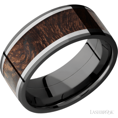 9 mm wide/Flat/Zirconium band featuring inlays of Titanium and Sapele.