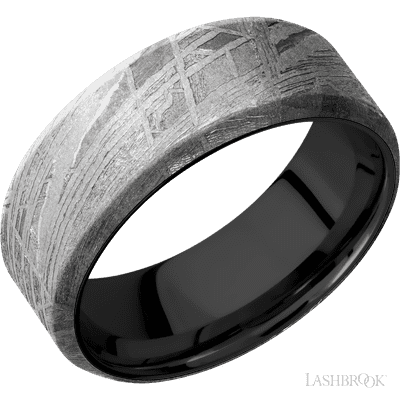 8 mm wide Beveled Meteorite band featuring a Zirconium sleeve.