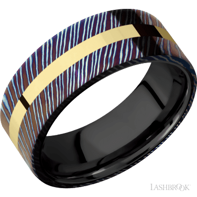 8 mm wide/Flat/Titanium Damascus band with one 2 mm Centered inlay of 14K Yellow Gold also featuring a Zirconium sleeve.