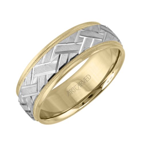 11-WV5572-G.00 - ARTCARVED - Comfort Fit wedding band with engraved design on a white insert, and yellow rolled edges with milgrain finish