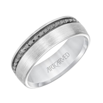 11-WV8846W7-G.00 - ARTCARVED - Mens Comfort Fit Wedding Band with High Polished Textured Black Rhodium and Satin/Soft Sand Finish Center