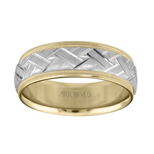 11-WV5572-G.00 - ARTCARVED - Comfort Fit wedding band with engraved design on a white insert, and yellow rolled edges with milgrain finish - Image 2