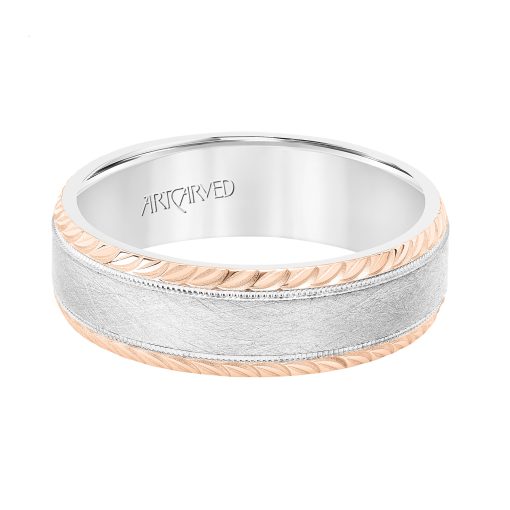 11-WV8791WR7-G.00 - ARTCARVED - Mens Wedding Band with Domed Crystalline Finish Center with Milgrain and Leaf Design Beveled Edge - Image 2