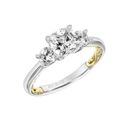 31-V917GUWY-E.01 - ARTCARVED - Lyric 3-Stone Engagement Ring with Inner Carved details and Polished Shank
