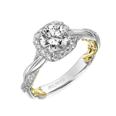 31-V933ERWY-E.01 - ARTCARVED - Lyric Engagement Ring with Cushion Diamond Halo and Accented Diamond Gallery with Twist Diamond and Polished Shank