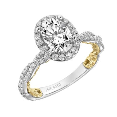 31-V959GVWY-E.01 - ARTCARVED - Lyric Engagement Ring with Oval Diamond Halo and Accented Diamond Gallery with Inner Carved details and Diamond Shank